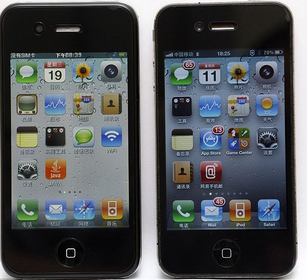 Iphone dỏm (trái) và iphone thật (phải). Nguồn: i.dailymail.co.uk