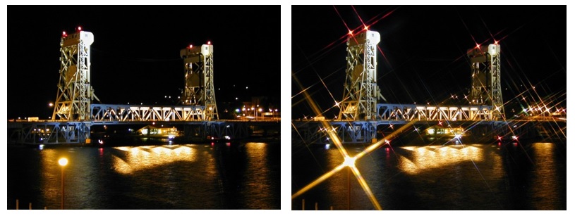Sự khác biệt của hai bức ảnh khi dùng kính lọc Filter Star. Nguồn: cs.mtu.edu
