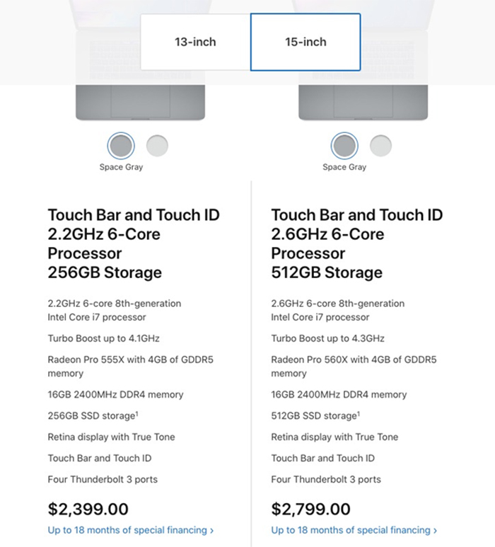 MacBook Pro 2018 15inch sẽ có hai lựa chọn bản bản Core i7 và Core i9 với giá chênh lệch đến 400$