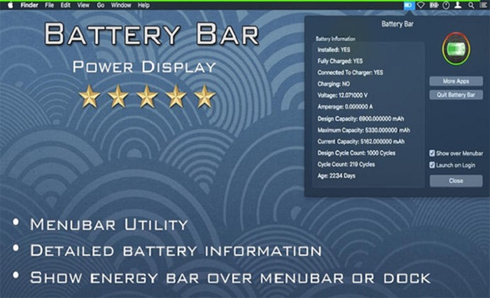 Màn hình hiển thị của phần mềm kiểm tra pin BatteryBar