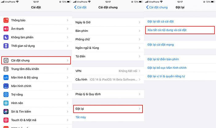 Xóa tất cả nội dung và cài đặt