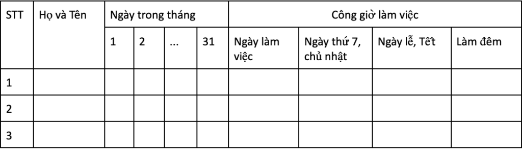 Mẫu bảng chấm công làm thêm giờ