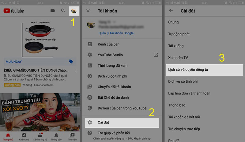 xóa lịch sử Youtube trên điện thoại Samsung