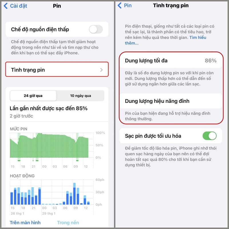 Vào mục tình trạng Pin để xem thông tin về dung lượng và hiệu năng của iPhone