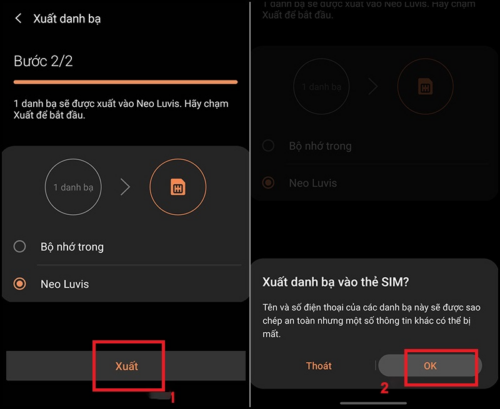 Nhấn chọn liên hệ bạn muốn chuyển từ iPhone sang SIM rồi chọn Xuất/Export