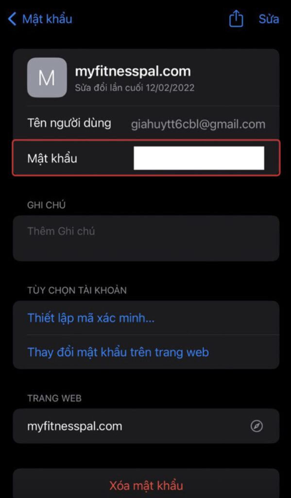 Chọn “Chỉnh sửa” để tiến hành thay đổi mật khẩu đã lưu