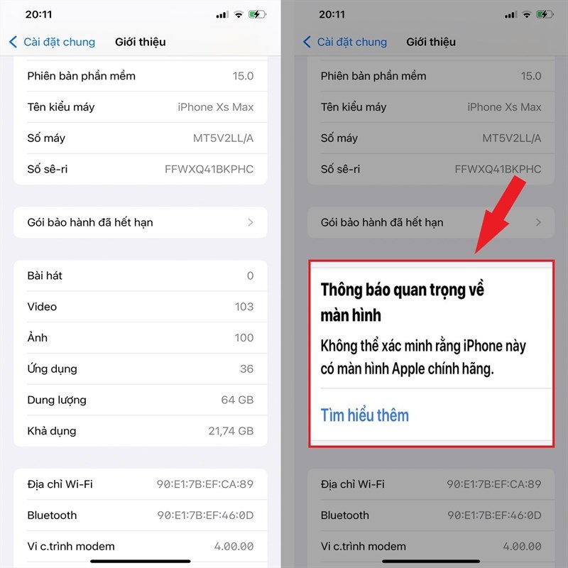 Thông báo cho thấy màn hình iPhone có thể đã bị thay khác