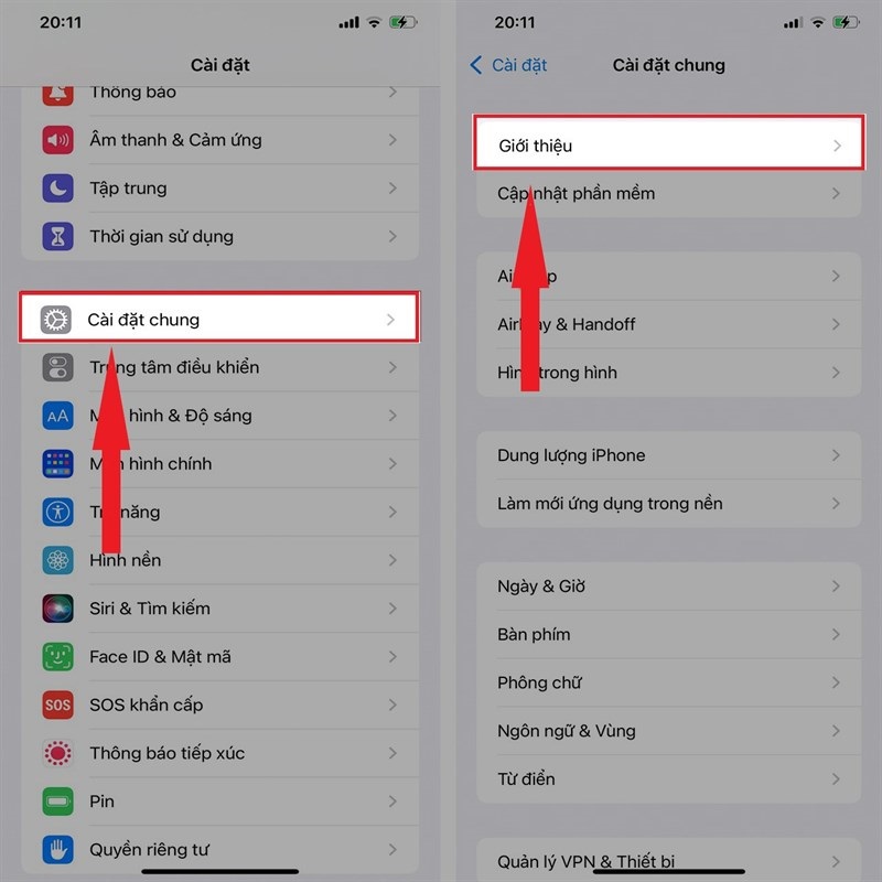 Vào phần Giới Thiệu trong cài đặt trên iPhone để kiểm tra thông tin màn hình