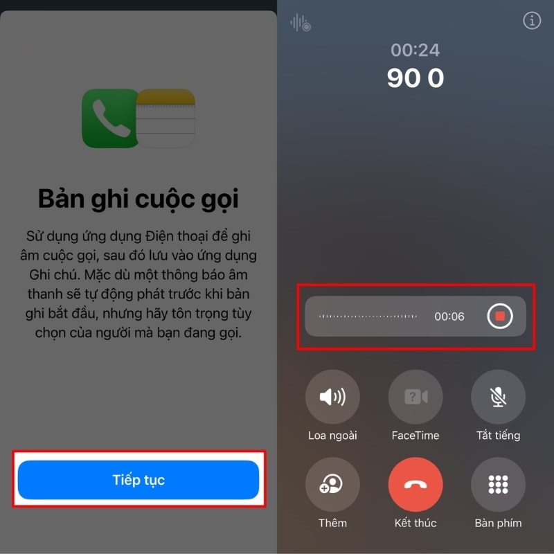 Chọn vào tiếp tục để bắt đầu ghi âm cuộc gọi trên iOS 18