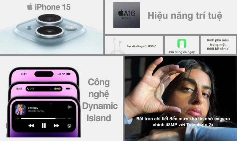 Cả 2 phiên bản iPhone đều có Dynamic Island, chip A16, camera 48MP và cổng sạc USB-C