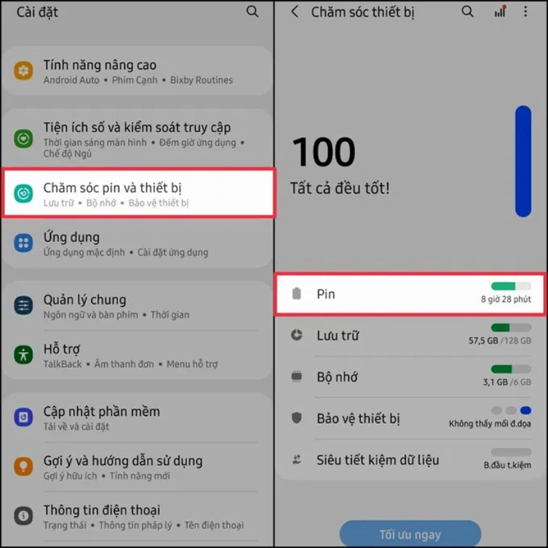 Vào Cài đặt > Chăm sóc pin để kiểm tra dung lượng và tình trạng pin
