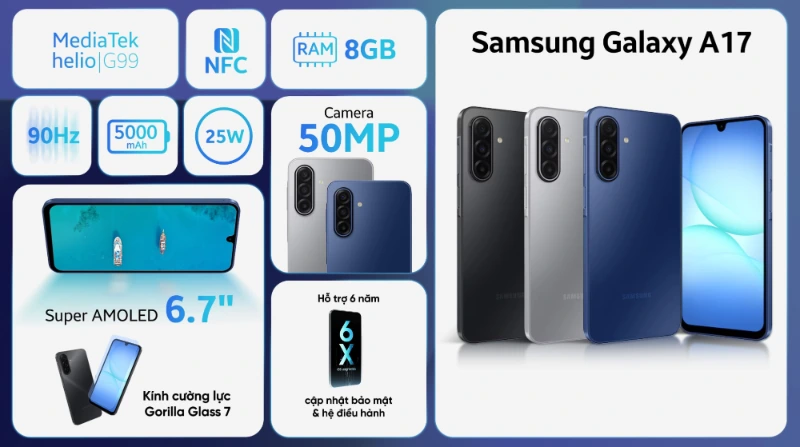 Galaxy A17 với thân máy mỏng và mặt lưng nhám hiện đại