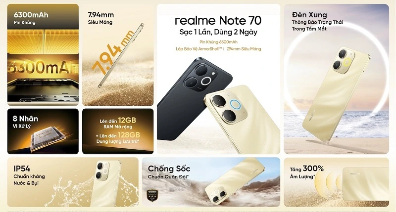 Realme Note 70 thiết kế bền bỉ, dùng cả ngày không lo sạc