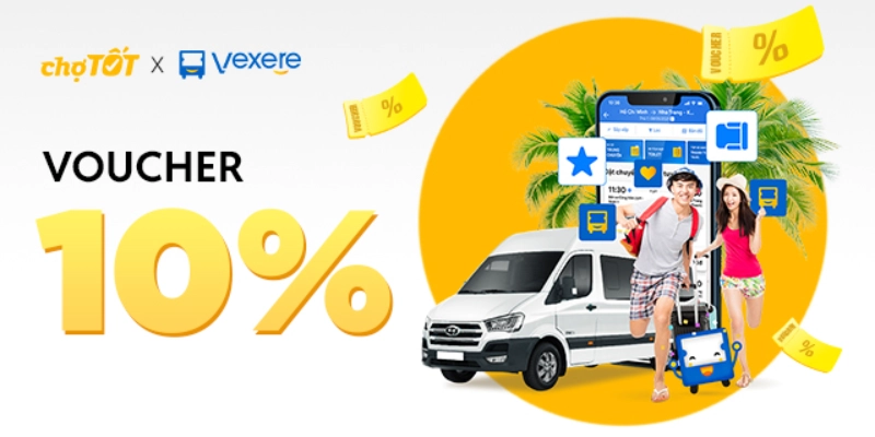 Voucher Vexere giảm giá 10% - Lì xì Tết 2026 từ Chợ Tốt