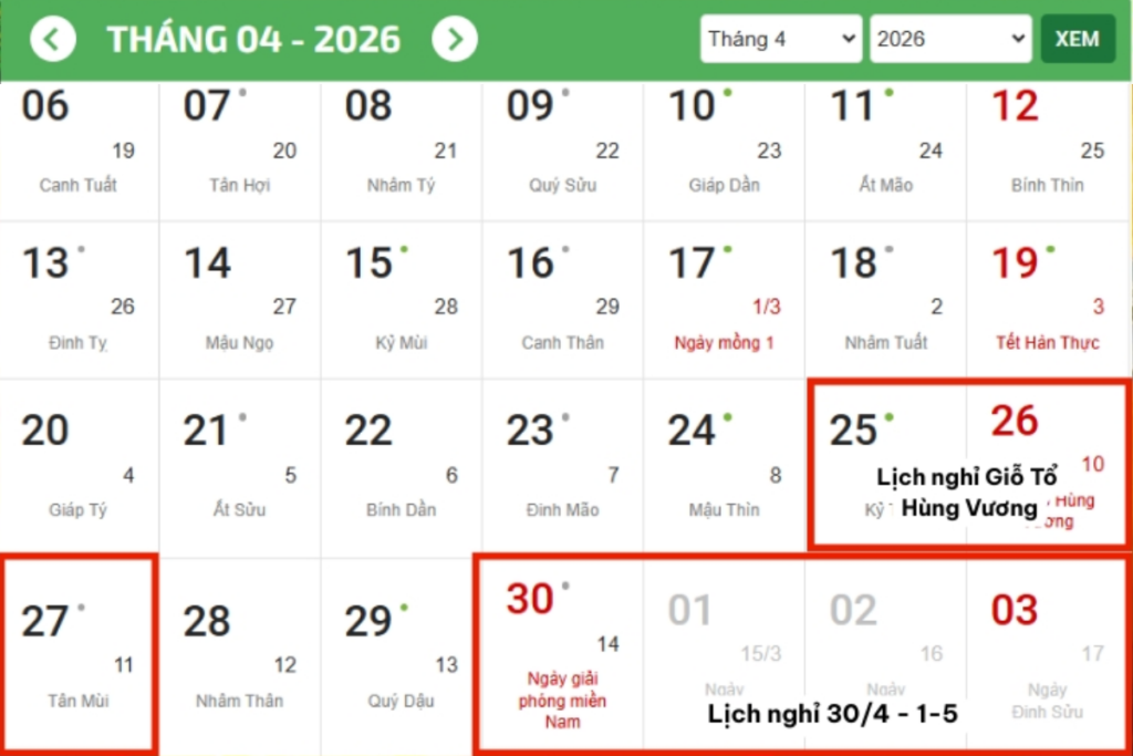 Lịch nghỉ lễ 30/4 và Giỗ Tổ Hùng Vương
