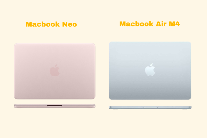 So sánh thiết kế MacBook Neo nhỏ gọn và MacBook Air M4 mỏng nhẹ