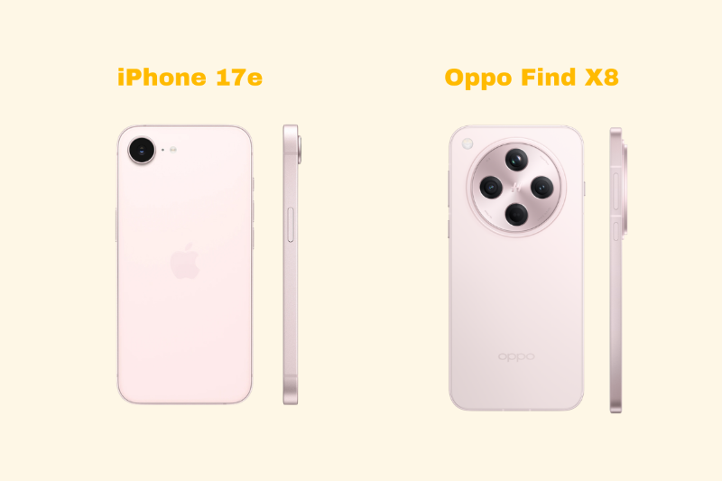 iPhone 17e gọn nhẹ nhôm kính vs Oppo Find X8 hiện đại, camera lớn