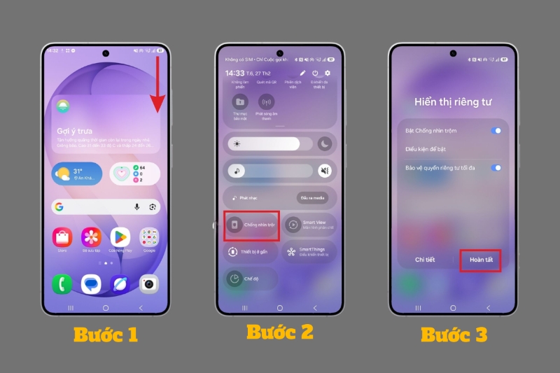 Bật nhanh chế độ chống nhìn trộm trên Galaxy S26 Ultra từ thanh trạng thái