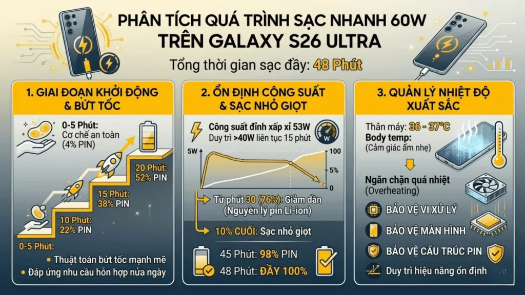 Chi tiết quá trình đánh giá thực tế sạc nhanh 60W trên Galaxy S26 Ultra