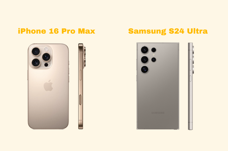 So sánh thiết kế iPhone 16 Pro Max và Galaxy S24 Ultra khung titan