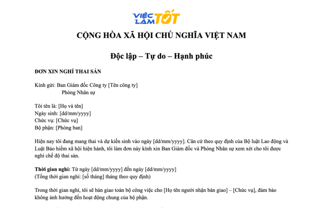 Mẫu văn bản đơn xin nghỉ thai sản được trình bày sạch đẹp