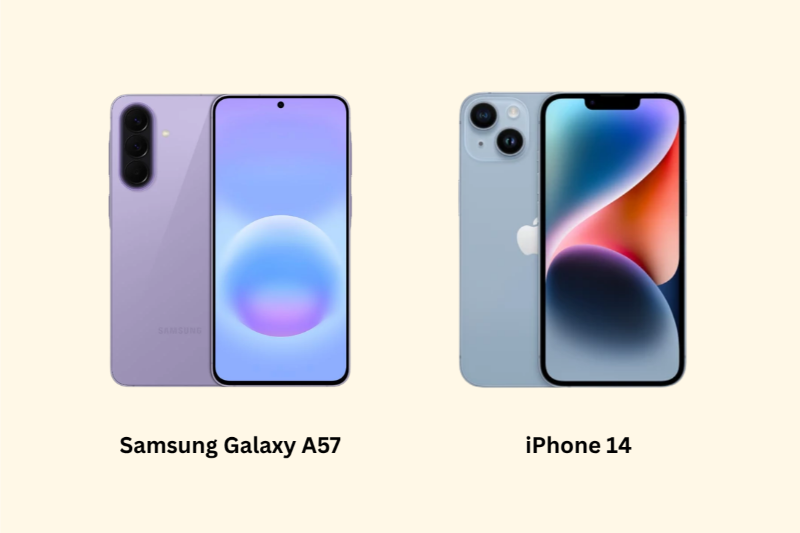 So sánh Samsung Galaxy A57 và iPhone 14 -Thiết kế