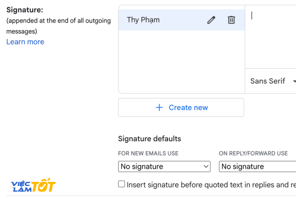 Giao diện phần cài đặt chữ ký trong Gmail trên trình duyệt máy tính