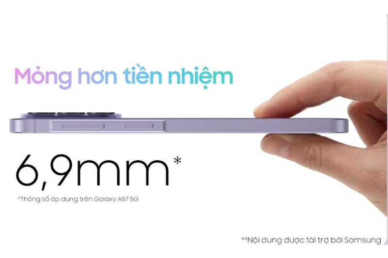 Galaxy A57 mỏng nhẹ 6.9mm, cầm nắm thoải mái với thiết kế bo cong