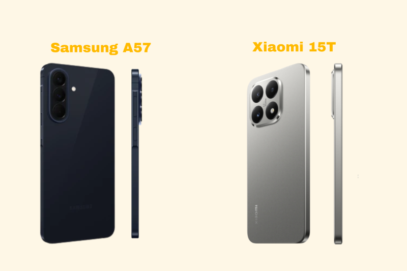 So sánh thiết kế Galaxy A57 mỏng nhẹ và Xiaomi 15T mặt lưng sợi thủy tinh