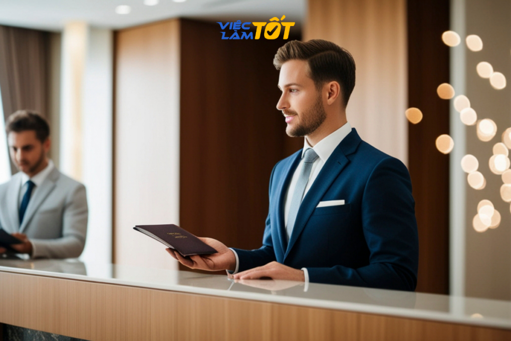 Lễ tân đang bàn giao ca làm việc một cách cẩn thận