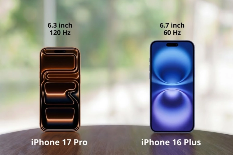 Màn hình iPhone 17 Pro chiếm ưu thế với 120Hz, iPhone 16 Plus nhỉnh hơn về kích thước màn hình