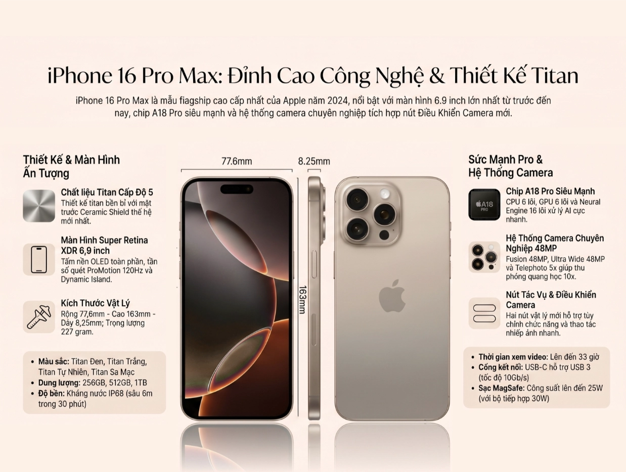 Thông số kỹ thuật iPhone 16 Pro Max chi tiết