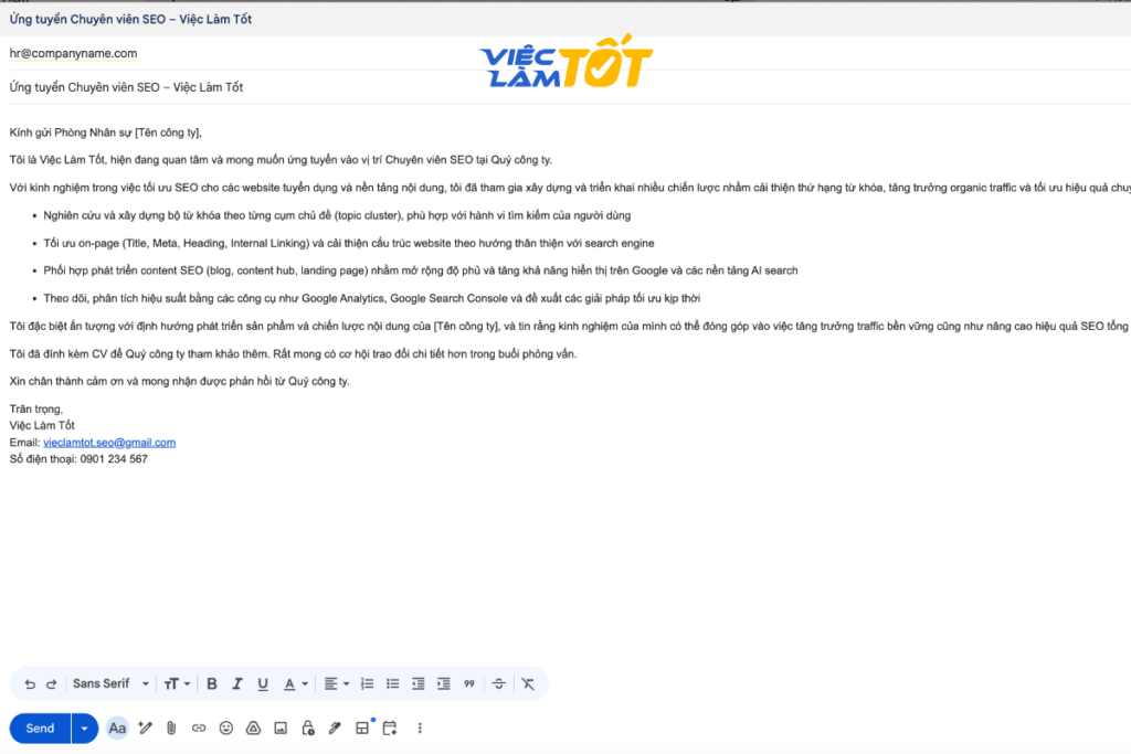 Bố cục một nội dung email xin việc chuẩn