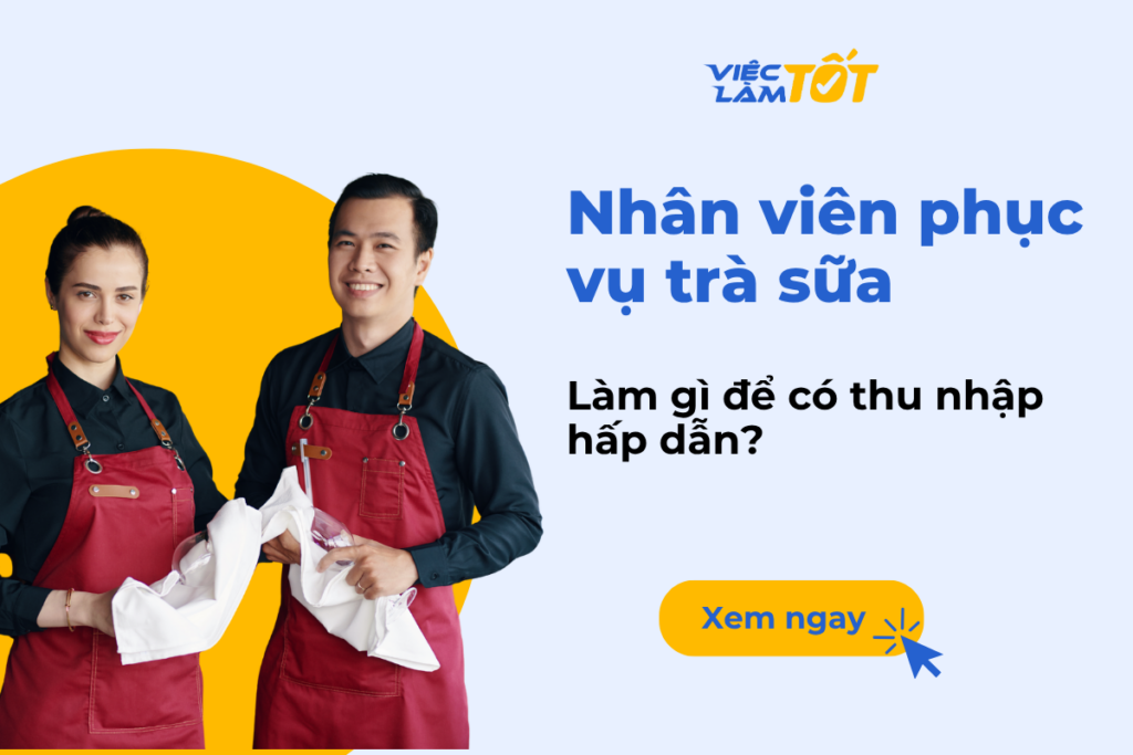 Một nhân viên phục vụ trà sữa đang tươi cười trao ly trà sữa trân châu cho khách hàng