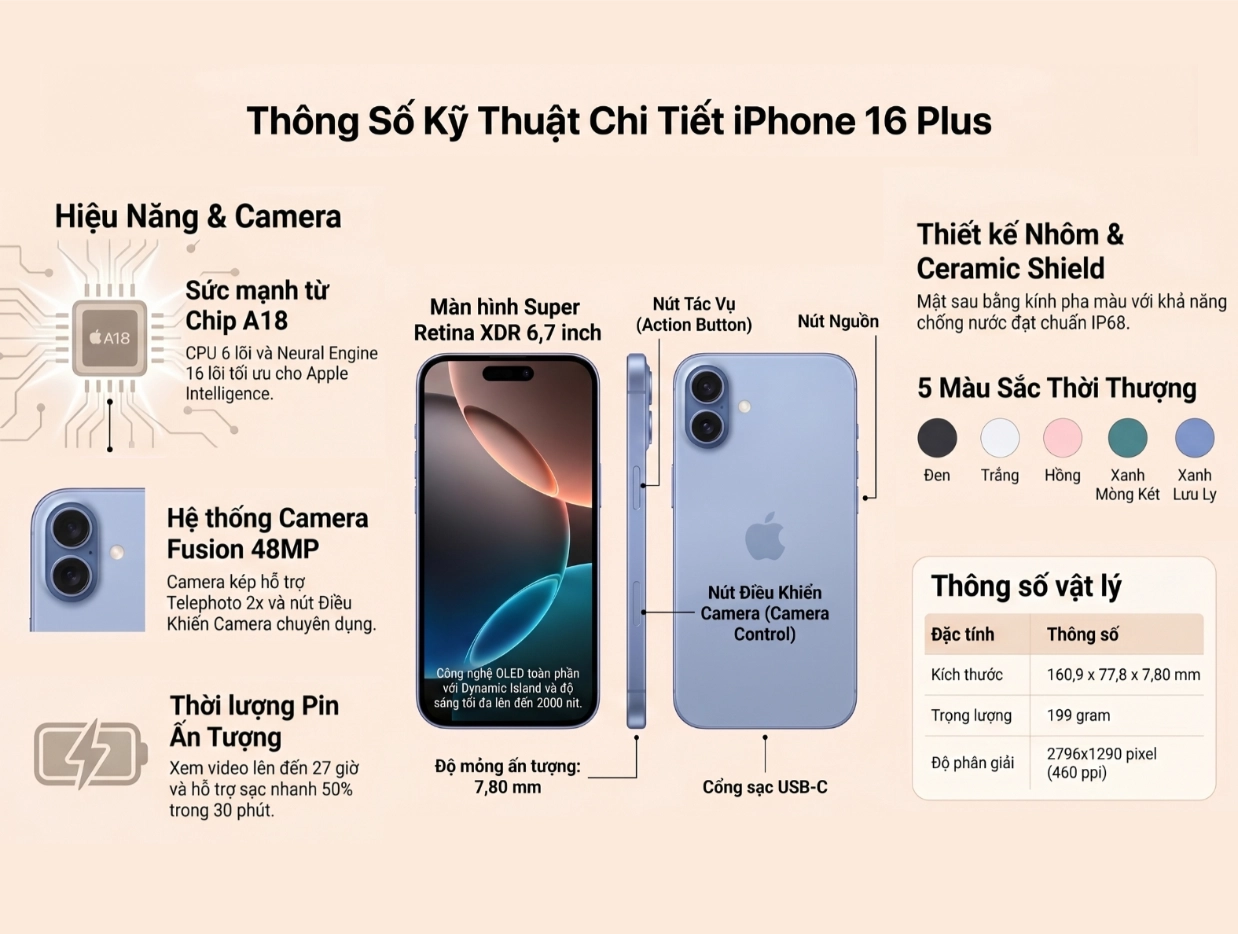 Thông số kỹ thuật iPhone 16 Plus chi tiết
