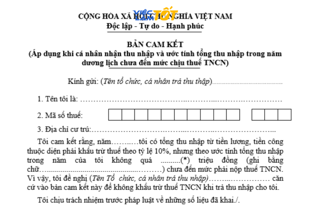 Mẫu bản cam kết không khấu trừ thuế TNCN mới nhất
