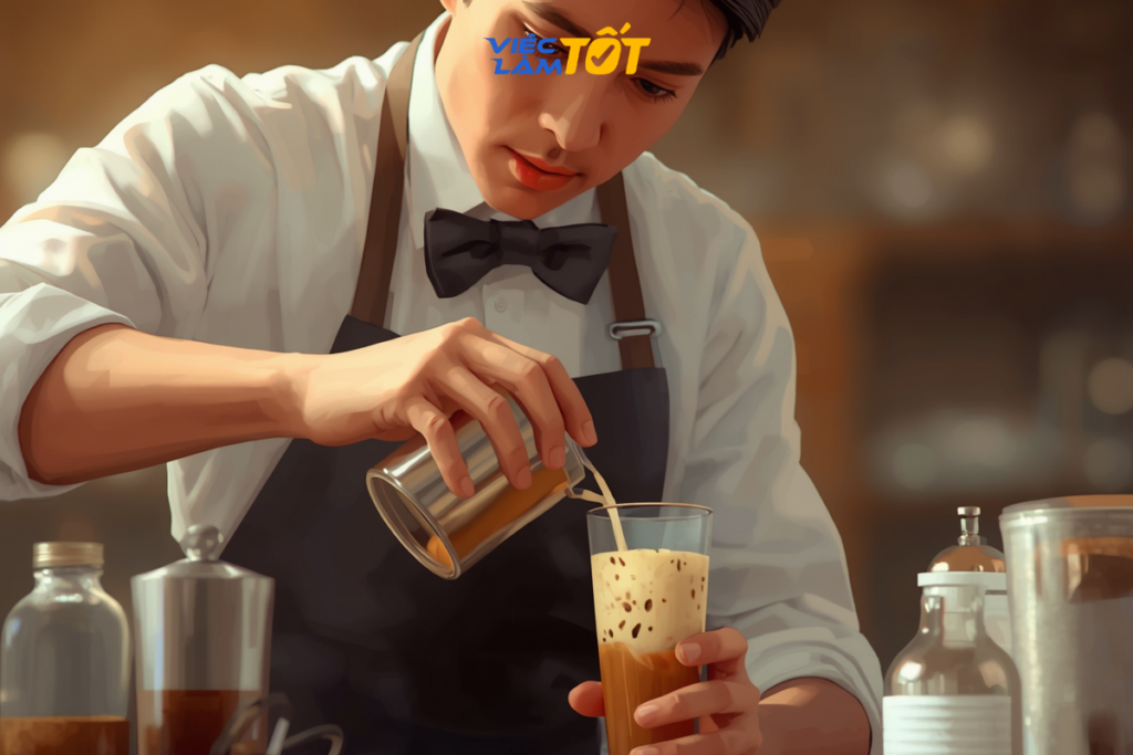 Nhân viên đang sử dụng bình shaker để lắc trà sữa đúng kỹ thuật