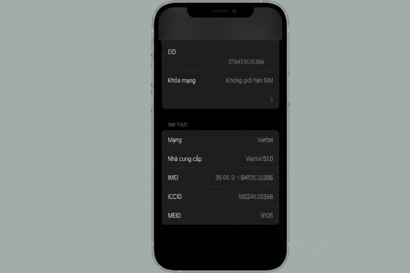 Đối chiếu số IMEI trong Cài đặt, khay SIM và vỏ máy iPhone 12 Pro Max để kiểm tra có trùng khớp hay không.
