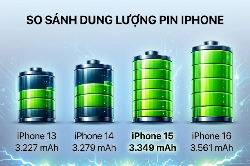 So sánh dung lượng pin iPhone 15 với thế hệ khác chung nhà