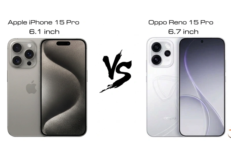 Màn hình iPhone 15 Pro nhỏ gọn trong khi OPPO Reno 15 Pro rộng rãi hơn