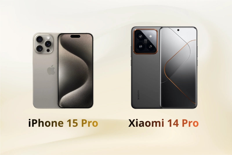 iPhone 15 Pro sang trọng và gọn nhẹ, trong khi Xiaomi 14 Pro cứng cáp và mạnh mẽ hơn