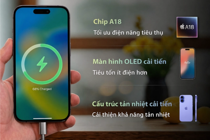 iPhone 16 có thời lượng pin ấn tượng nhờ chip mới, khả năng tản nhiệt và màn hình OLED hiệu quả năng lượng.