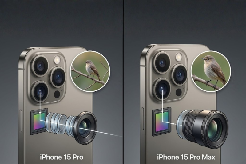 iPhone 15 Pro Max trang bị ống kính tiềm vọng Tetraprism cho khả năng zoom quang học lên đến 5x.