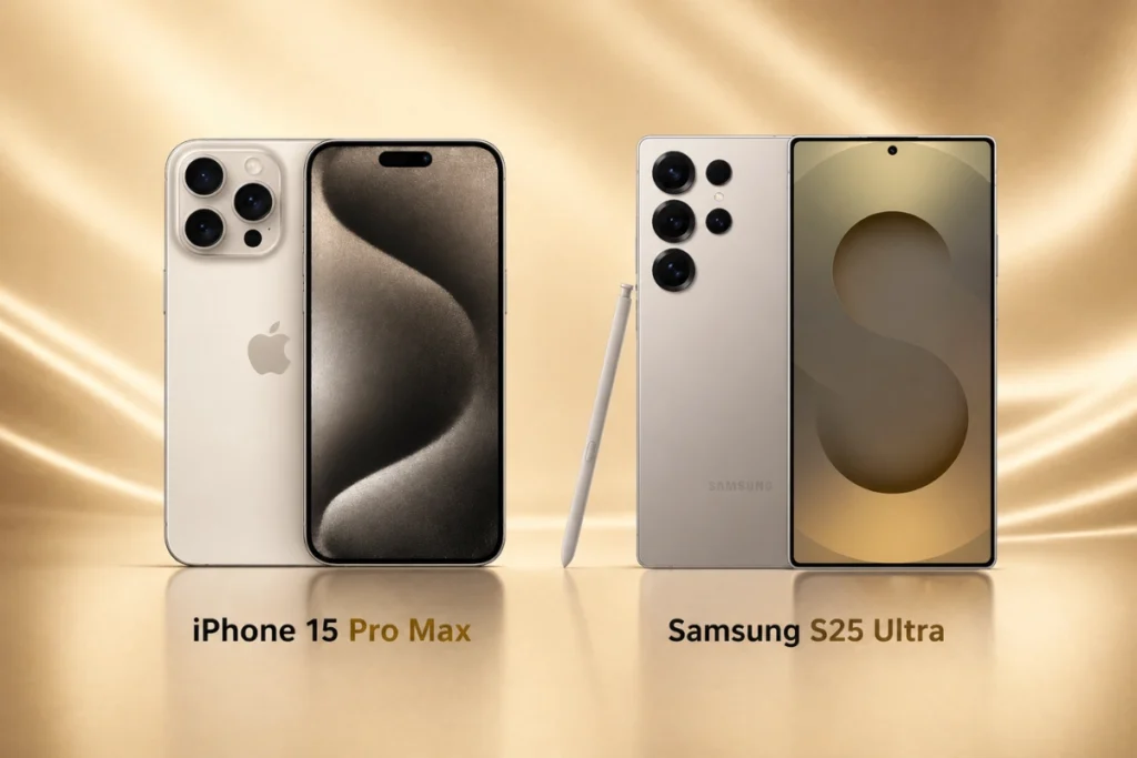 Cả hai dùng Titanium cao cấp, iPhone 15 Pro Max mịn màng, Samsung S25 Ultra hầm hố, hiện đại

