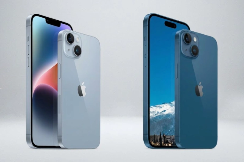 Thiết kế của iPhone 15 được bo cong nhẹ nhàng ở các góc đặt cạnh iPhone 14 vuông vức