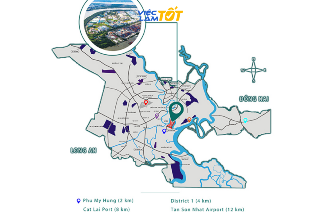Góc phố hiện đại rợp bóng cây xanh tại Phú Mỹ Hưng liền kề khu công nghiệp với nhiều người qua lại tấp nập