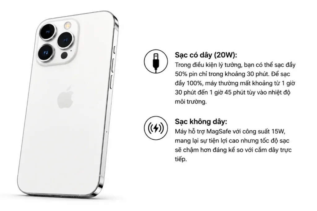 Với công nghệ sạc nhanh 20W, iPhone 13 Pro có thể đạt được những mốc thời gian ấn tượng trong điều kiện thử nghiệm tiêu chuẩn