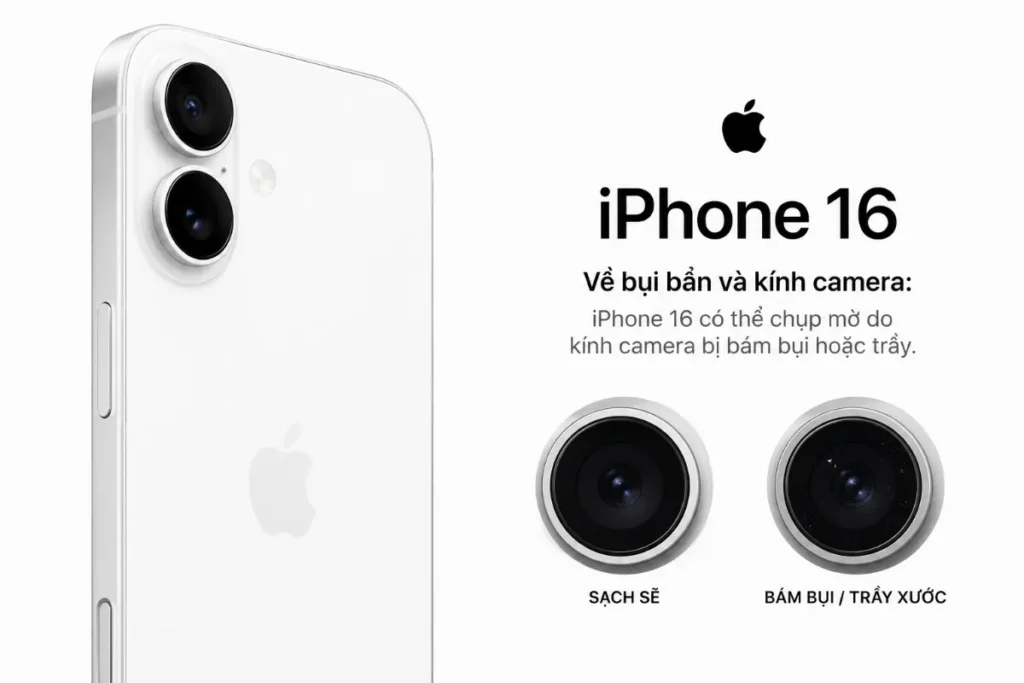 Về bụi bẩn và kính camera: iPhone 16 có thể chụp mờ do kính camera bị bám bụi hoặc trầy
