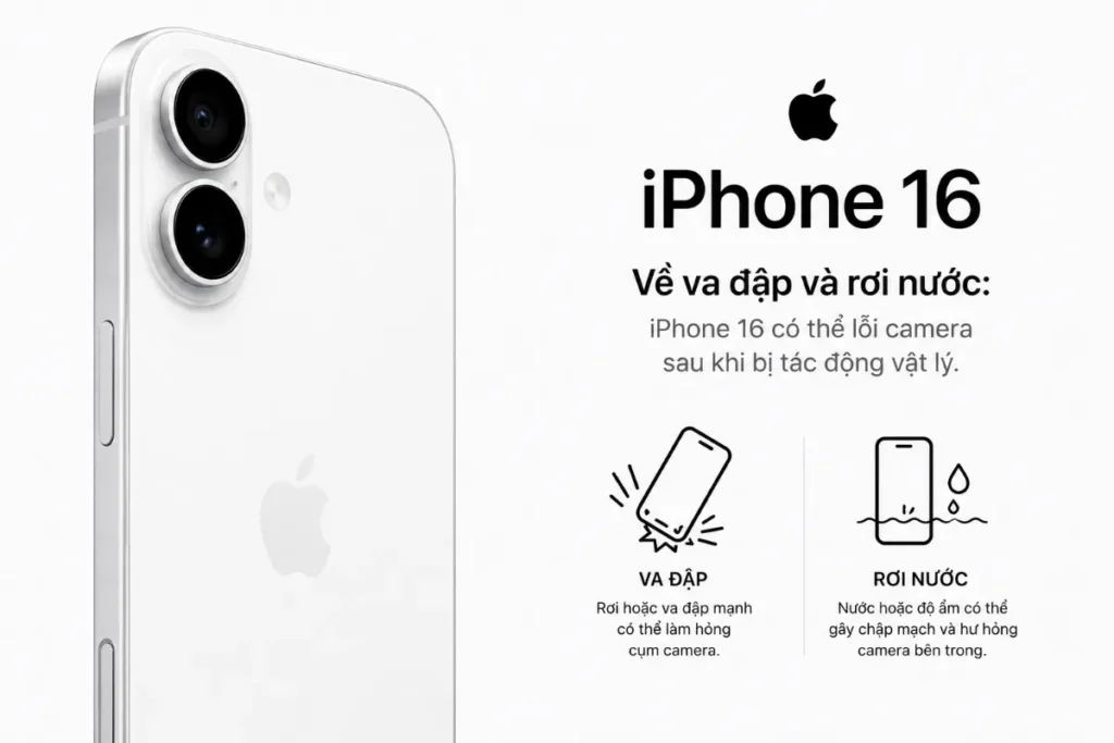 Về va đập và rơi nước: iPhone 16 có thể lỗi camera sau khi bị tác động vật lý
