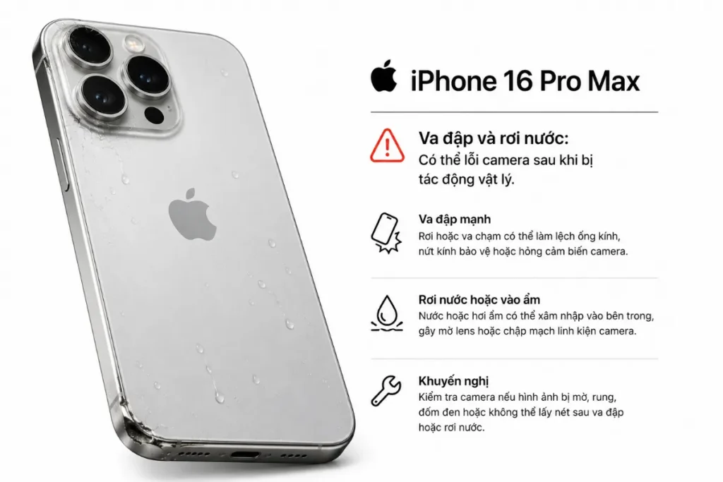 Về va đập và rơi nước: iPhone 16 Pro Max có thể lỗi camera sau tác động vật lý